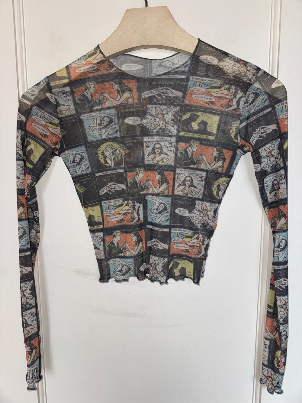 Deadly Doll Sheer Comic-Print Long Sleeve Crop Top